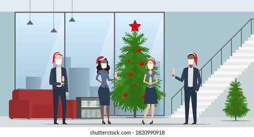 Corporate party in office. Employees in face masks and Christmas hats. Vector illustration.