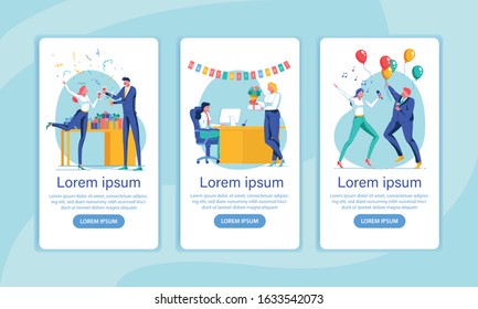 Corporate Party Onboarding Screen Flat Templates. Celebration, Greetings, Congratulations. Feasting Office Workers Faceless Characters. Staff Entertainment Mobile App Interface Cartoon Vector Layouts