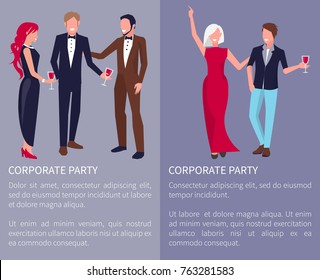 Corporate party poster with colleagues dancing, having fun and communicating . Vector illustration with coworkers on violet background and place for text