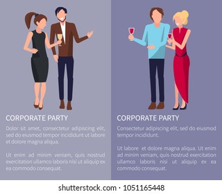 Corporate party poster with men and women dancing and having drinks at party. Vector illustration with colleagues at disco on purple background
