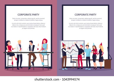 Corporate party posters set with text sample, people in office celebrating success of company together vector illustrations in frame on white