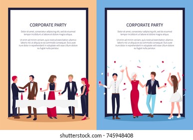 Corporate party posters set with text sample and people drinking wine and raising hands with confetti above, vector in frame, teambuilding concept