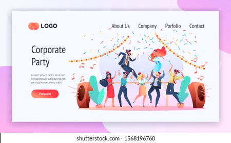 Corporate party services website template. Cartoon happy office colleagues celebrating christmas together dancing at table with confetti. Vector workers at santa hat having fun holding champagne glass