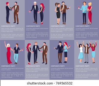 Corporate party set of eight posters with men and women dancing and drinking wine or champagne. Vector illustration of coworkers at night party on violet background