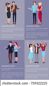 Corporate party set of four posters with colleagues at party with drinks. Background of vector illustration is dark or light purple