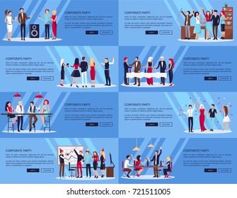 Corporate party set of several pictures, dancing and partying, drinking wine and celebration in office, and club vector illustration