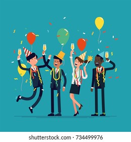 Corporate party vector flat design illustration with cheerful business team celebrating. Ideal for corporate anniversary or happy new year party graphic and web design