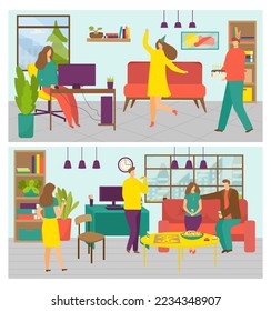 Corporate party, vector illustration. Man woman people character have fun at cartoon celebration, dance at business company holiday.
