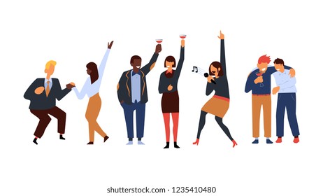 Corporate party vector illustration set with various business people in suits dancing, singing karaoke and drinking alcohol cocktails in flat style isolated on white background.