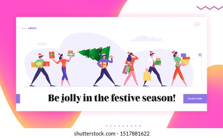 Corporate Party Website Landing Page. Happy Friends Carry Christmas Tree for Winter Season Holidays. Business People Walking with Gifts and Greetings Web Page Banner. Cartoon Flat Vector Illustration