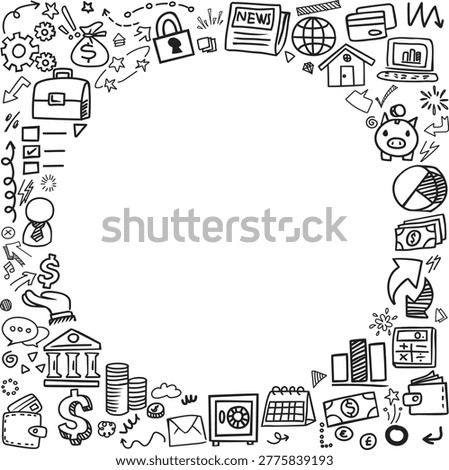 A corporate pattern frame of financial and banking icons with central copy space featuring money bags coins and bank buildings.