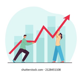 Corporate people holding growing market profit arrow together. Success collaboration of tiny man and woman flat vector illustration. Teamwork concept for banner, website design or landing web page