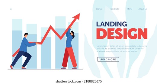 Corporate people holding growing market profit arrow together. Success collaboration of tiny man and woman flat vector illustration. Teamwork concept for banner, website design or landing web page