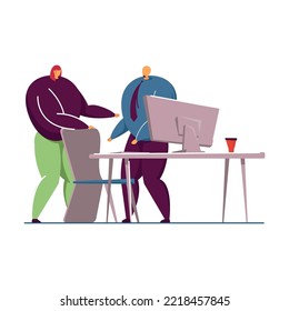 Corporate people working on computers in control center. Engineers monitoring operations flat vector illustration. Technology, cybersecurity concept for banner, website design or landing web page