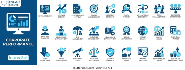 Corporate performance icon set. Containing KPI dashboard, revenue growth, target achievement, market analysis, team collaboration, profitability, ROI, quality control and more. Solid vector icons collection