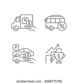 Corporate Perks At Work Linear Icons Set. Relocation Assistance. Employee Transportation. Parking Spot. Customizable Thin Line Contour Symbols. Isolated Vector Outline Illustrations. Editable Stroke