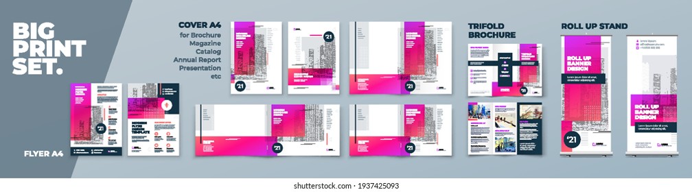 Corporate Pink Identity Print Template Set of Brochure cover, flyer, tri fold, report, catalog, roll up banner. Branding design in Biege colors. Business stationery background design collection