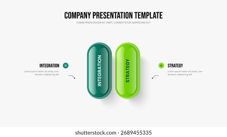 Plantilla de diapositivas de diagrama de dos elementos de Plan Corporativa. Ilustración vectorial de diseño de marco de planificación visual. Diseño de presentación de diapositivas de infografía de 2 opciones de desarrollo de inversores.