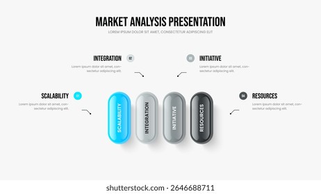 Layout de Apresentação de Slides de Infográfico de 4 Elementos para Planejamento Corporativo. Ilustração do vetor de modelo de slide do Enterprise Briefing. Projeto de quadro de diagrama de quatro etapas de previsão criativa.