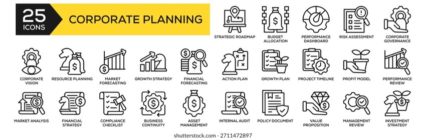 Symbolsammlung für Unternehmensplanung. Strategischer Fahrplan, Aktionsplan, Wachstumsstrategie, Risikobewertung, Leistungsüberprüfung