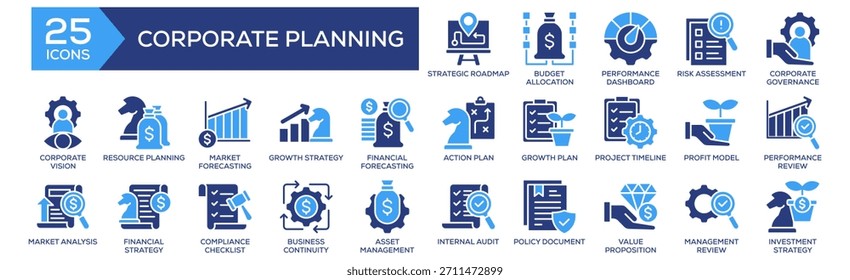 Symbolsatz für die Unternehmensplanung. mit Strategieplan, Aktionsplan, Wachstumsstrategie, Risikobewertung, Leistungsüberprüfung. Solide Symbolsammlung.