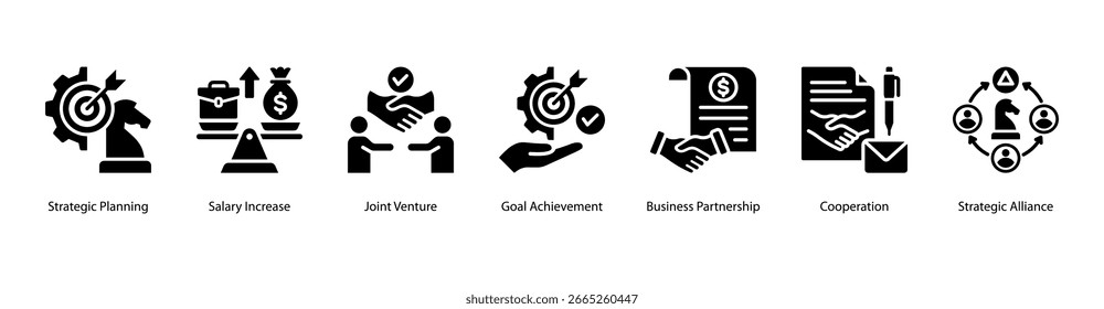 Ilustração vetorial do ícone de banner da Web do Corporate Planning com Planejamento Estratégico, Aumento de Salário, Empreendimento Conjunto, Conquista de Metas, Parceria de Negócios, Cooperação e Aliança Estratégica.