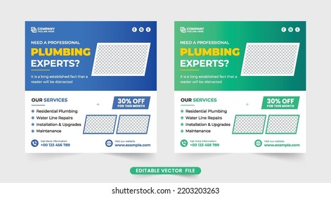 Corporate Plumbing Business Social Media Post Vector With Blue And Green Colors. Handyman And Plumber Service Web Banner Design For Online Marketing. Plumbing Service Commercial Template Vector.