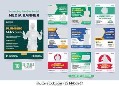 Corporate Plumbing Service Social Media Post Set Vector. Plumber And Handyman Service Web Banner Design Collection With Abstract Shapes. Plumbing Business Commercial Template Bundle Vector.