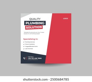 Corporate plumbing service for social media post design template, plumbing service campaign post web banner, red color shapes, abstract red