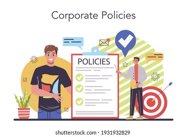 Corporate policies concept. Corporate relations. Business ethics. Corporate regulations compliance. Company policy and business course. Isolated flat vector illustration