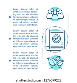 Corporate policy article page vector template. Company value and principles. Brochure, magazine, booklet design with linear icons and text boxes. Corporate environment. EPI. Concept with text space