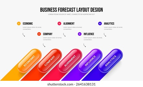 Corporate Portfolio Slide Layout Vector Illustration. Product Development Five Step Infographic Frame Template. Sales Innovation 5 Element Diagram Presentation Design.