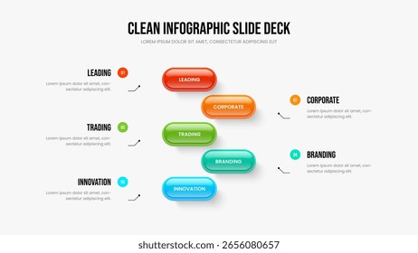Ilustração do vetor do modelo de slide do portfólio corporativo. Layout do Quadro do Diagrama de Cinco Elementos de Crescimento do Serviço. Perfil de negócios 5 Opção Infográfico Slideshow Design.