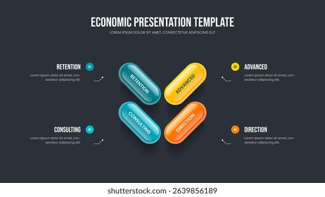 Corporate Portfolio Slideshow Layout Vector Illustration. Financial Performance Four Element Infographic Slide Template. Creative Showcase 4 Step Diagram Presentation Design.