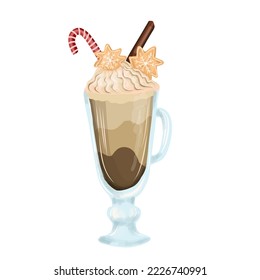 corporate postcard for coffee bar. Cappuccino or Frappuccino in a glass. Hand drawn vector illustration. Winter drink with cream and spices.