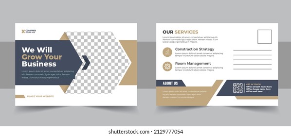 Corporate postcard design template.Creative Agency Postcard Template Design With Blue And Black Accents. multipurpose business marketing materials for corporate Company