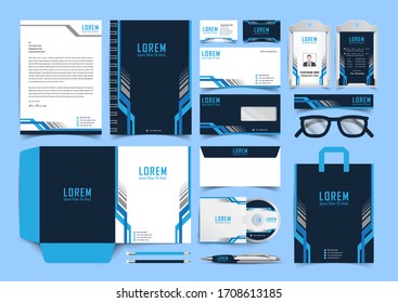 Corporate premium identity branding design. Stationery mockup vector megapack set. Template for business or finance company. Folder and A4 letter, visiting card and envelope.