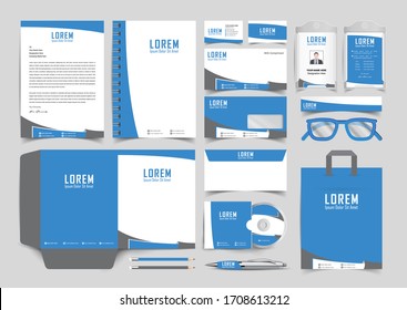 Corporate premium identity branding design. Stationery mockup vector megapack set. Template for business or finance company. Folder and A4 letter, visiting card and envelope.