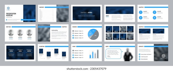 Corporate presentation template with blue logo and minimal style slides design. Premium vector mock up.