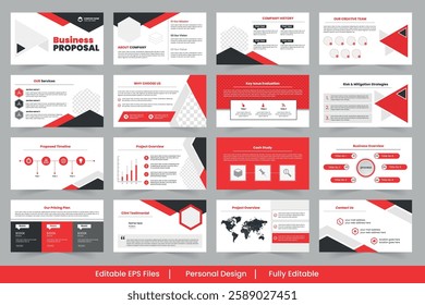corporate presentation template design, Business proposal layout featuring company overview, pricing plans, and project timeline.