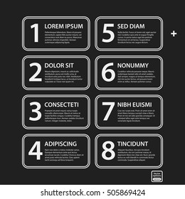Corporate presentation template on dark background. Black and white colors. Useful for advertising, presentations and web design.