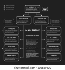 Corporate presentation template on dark background. Black and white colors. Useful for advertising, presentations and web design.