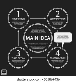 Corporate presentation template on dark background. Black and white colors. Useful for advertising, presentations and web design.