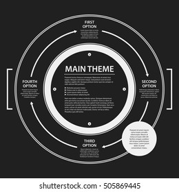 Corporate presentation template on dark background. Black and white colors. Useful for advertising, presentations and web design.