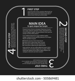 Corporate presentation template on dark background. Black and white colors. Useful for advertising, presentations and web design.