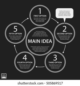 Corporate presentation template on dark background. Black and white colors. Useful for advertising, presentations and web design.