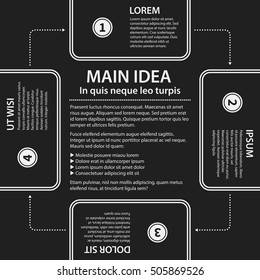 Corporate presentation template on dark background. Black and white colors. Useful for advertising, presentations and web design.
