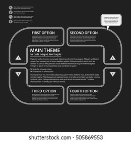 Corporate presentation template on dark background. Black and white colors. Useful for advertising, presentations and web design.