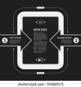 Corporate presentation template on dark background. Black and white colors. Useful for advertising, presentations and web design.