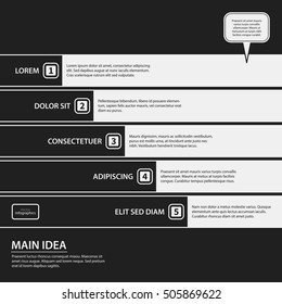 Corporate presentation template on dark background. Black and white colors. Useful for advertising, presentations and web design.